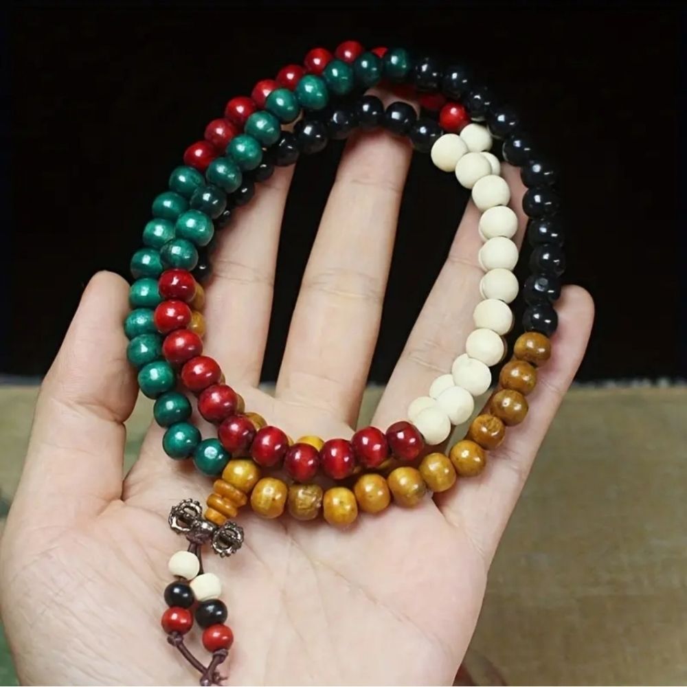 Multicolor wood mala prayer beads necklace